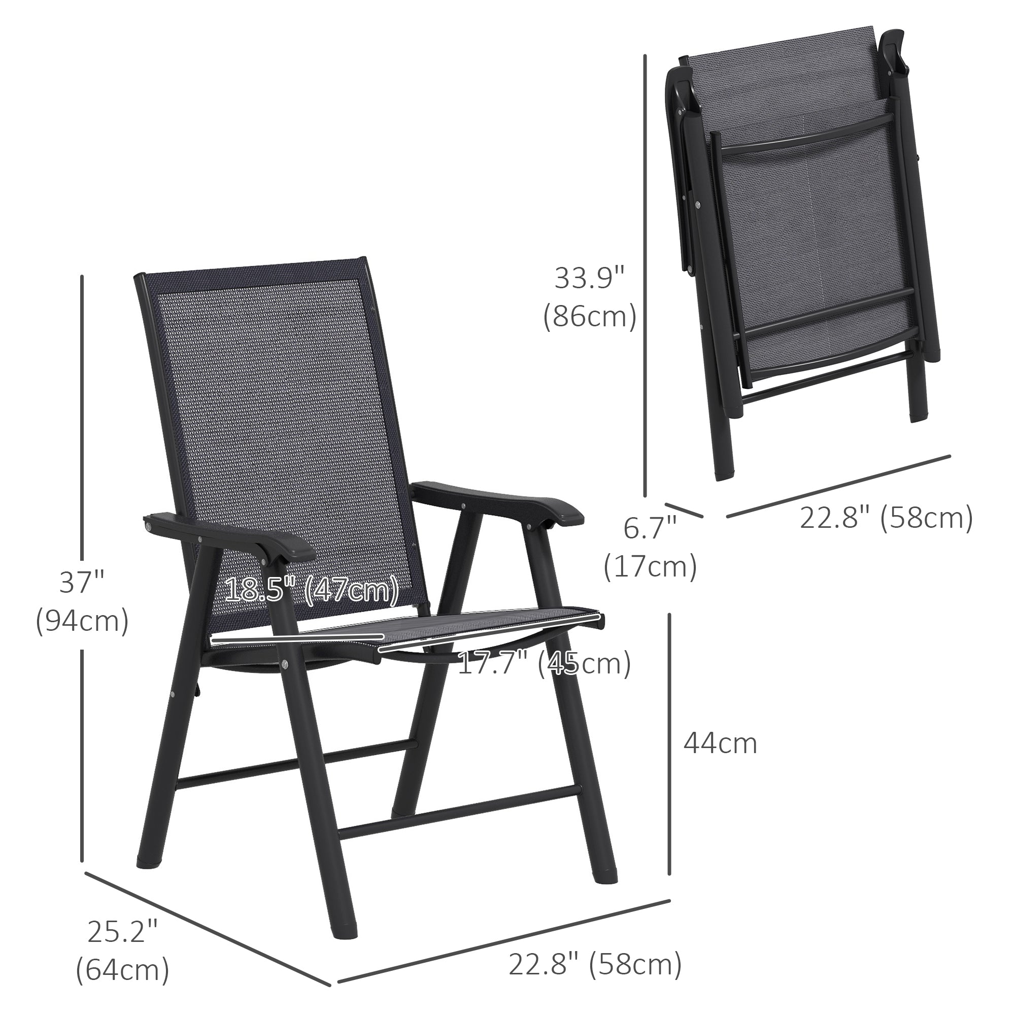Outsunny 2-Piece Folding Chair Set for Relaxing on Patio Balcony Garden, Comfortable Outdoor Furniture with Armrests, Dark Grey 