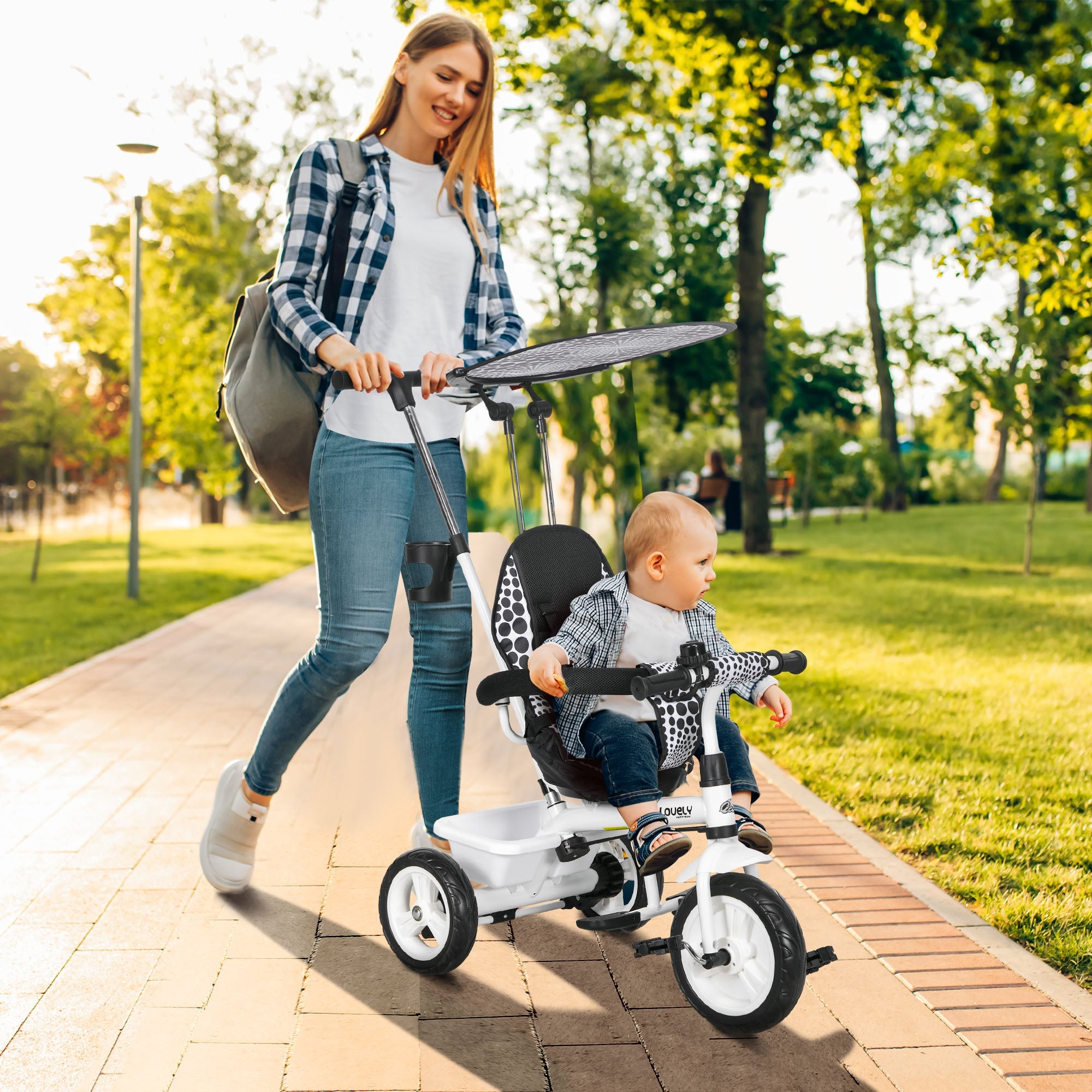 Qaba 4-in-1 Convertible Kids Tricycle with Removable Handlebar and Canopy White 