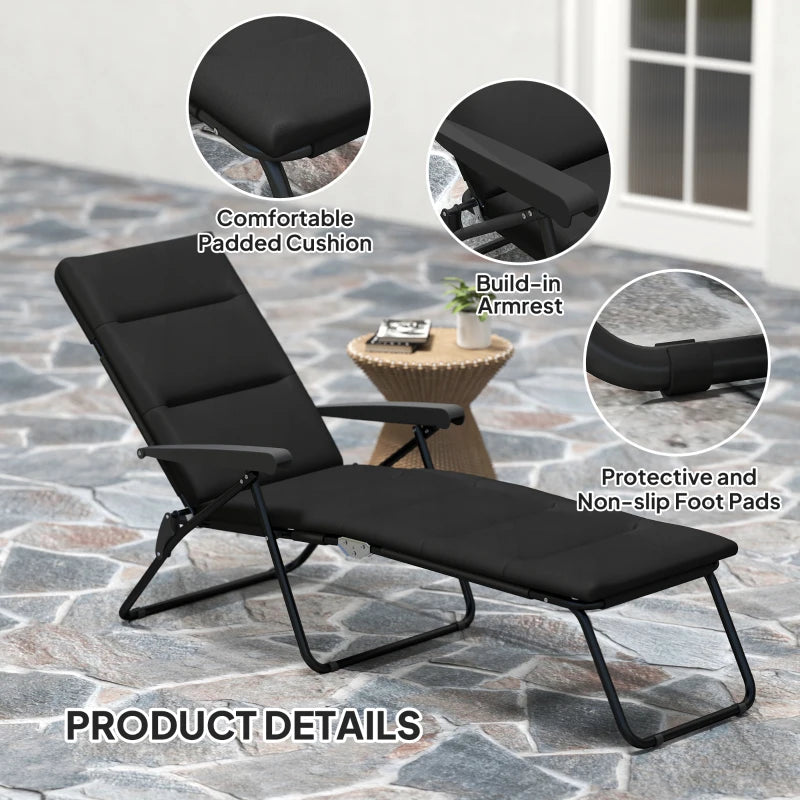 Foldable Lounge Chair, Reclining Patio Sun Lounger with 6-Position Adjustable Back, Black