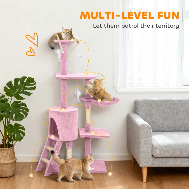 53" Cat Tree Tower, Kitten Activity Centre with Scratching Posts, Condo, Perches, Ladder, Hammock, Dangling Toys, Pink