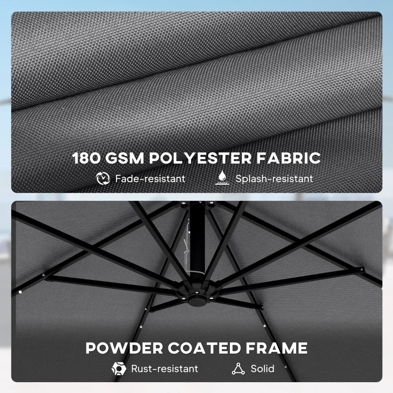 9.7ft Solar LED Cantilever Patio Umbrella with 32 LED Lights, Cross Base, Crank Handle, for Poolside, Deck, Dark Grey