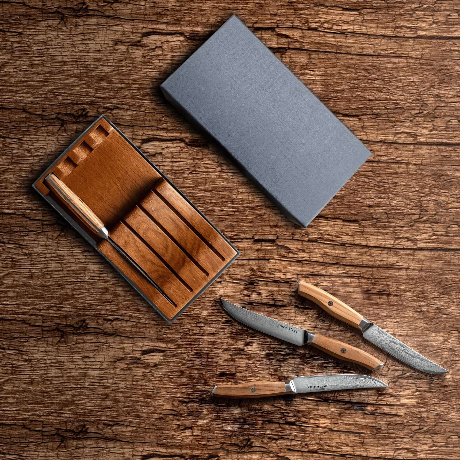 Ginza Steel AMELIA Five – 4-Piece VG10 Damascus Steel Steak Knife Set with Wood Block 