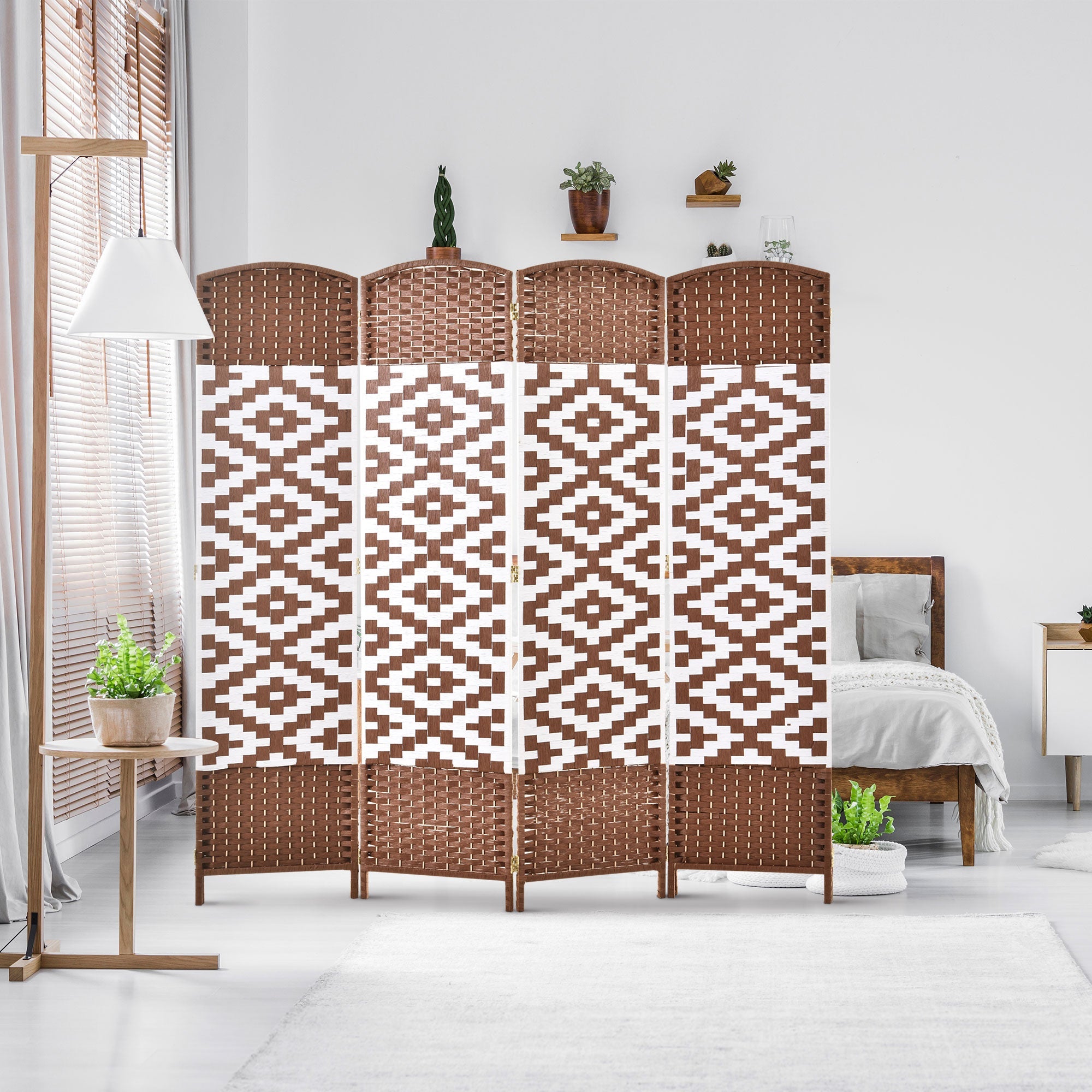 HOMCOM Geometric Allure Room Divider: 4-Panel Diamond Weave Folding Indoor Privacy Screen, Accent Style 