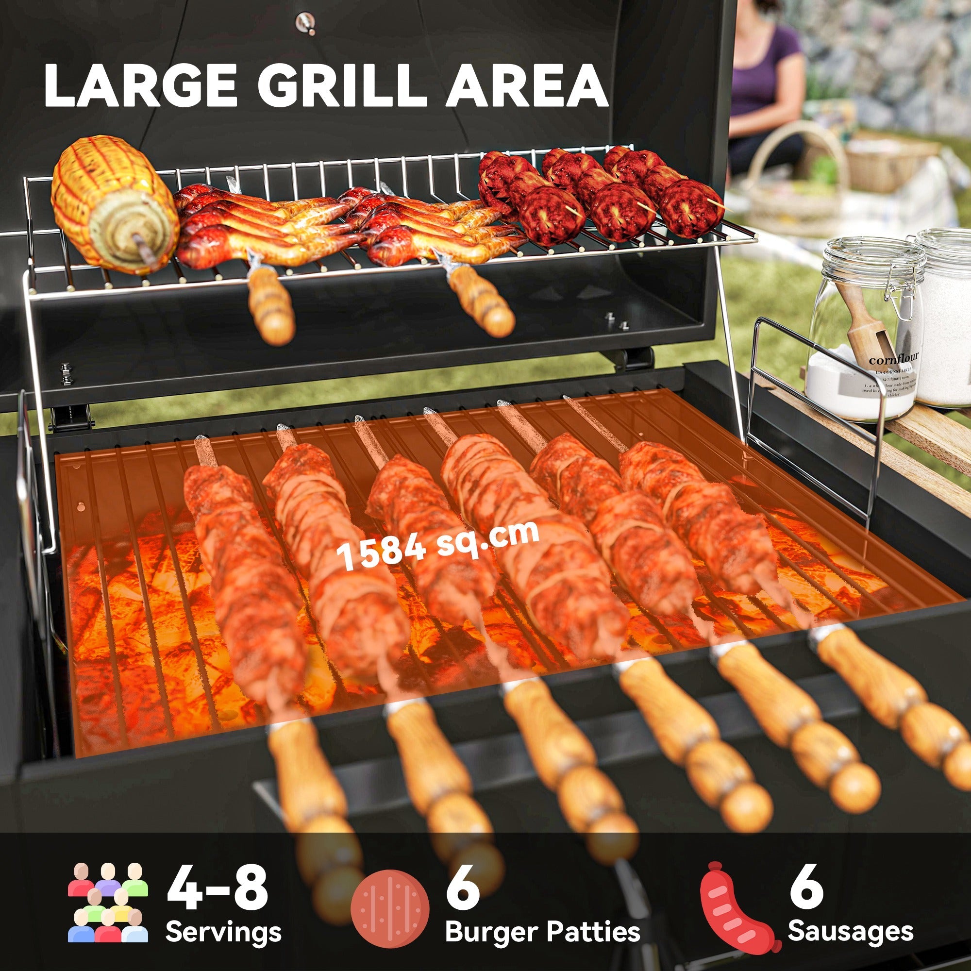 Outsunny 20" Charcoal BBQ Grill Barbecue on Wheels with Adjustable Charcoal Pan, Spacious Cooking Area, 3 Shelves, Thermometer 