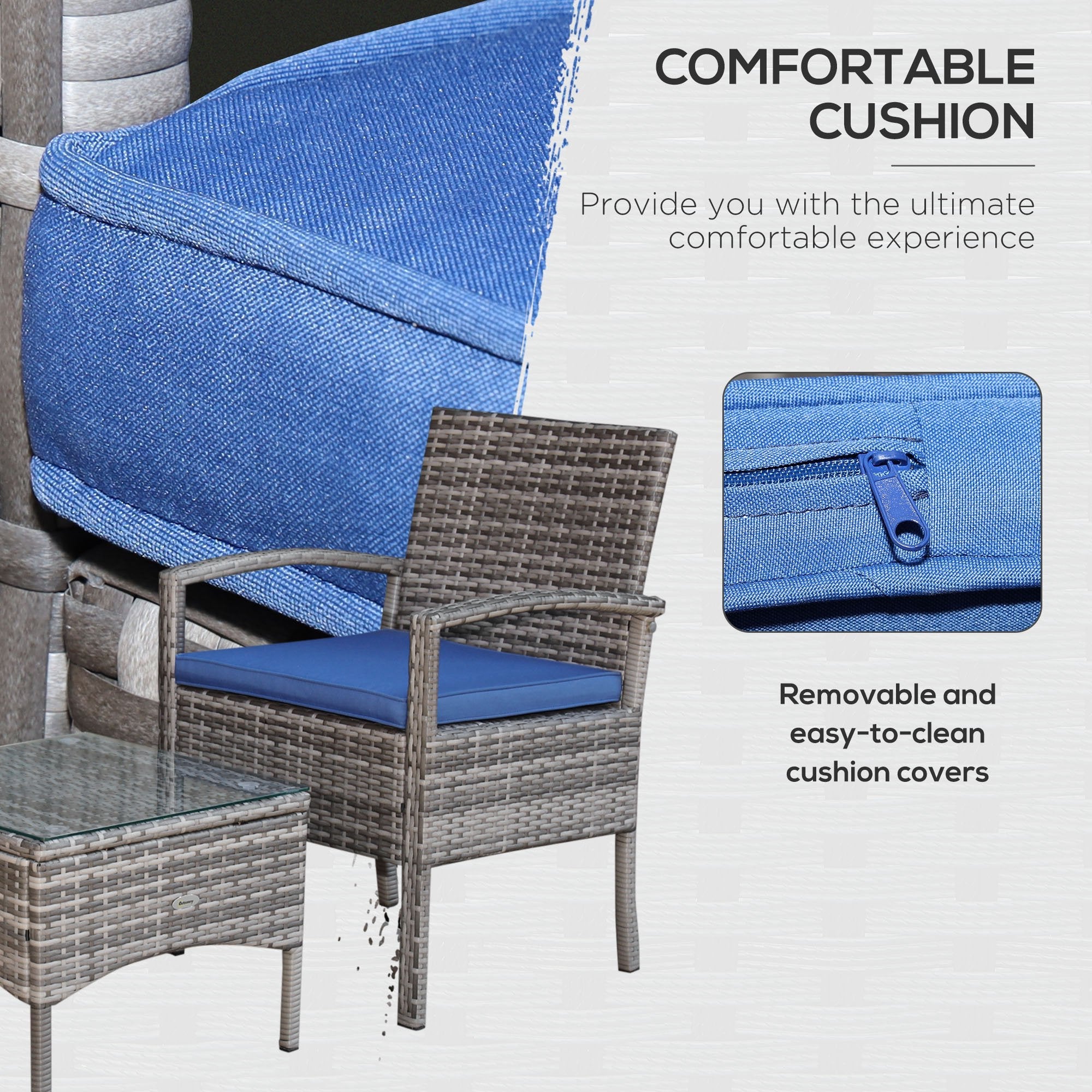 Outsunny Rattan Wicker 3pcs Coffee Set Blue Garden Chairs Table Outdoor Furniture Cushioned All Weather Patio 