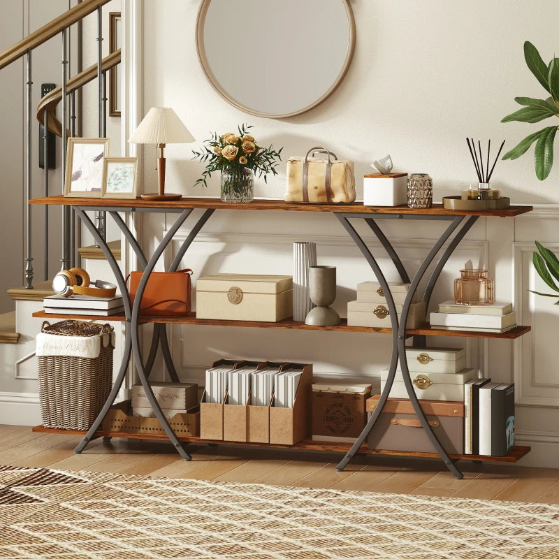 71" Console Table, 3-Tier Industrial Entryway Table with 2 Storage Shelves for Living Room, Hallway, Rustic Brown