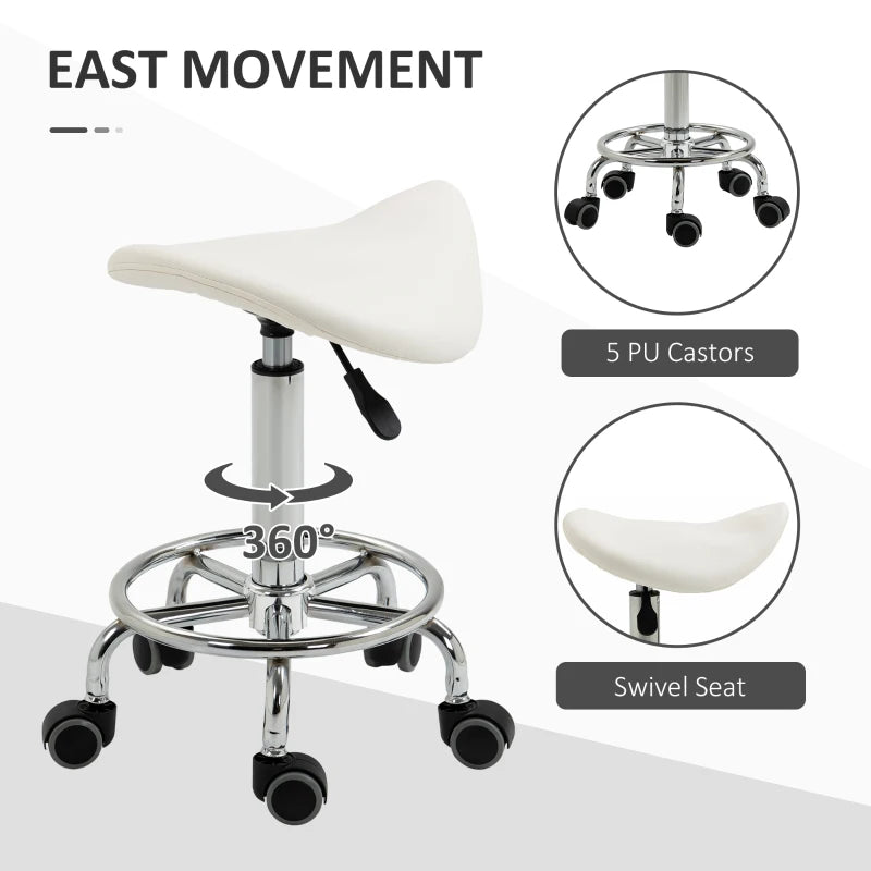 Saddle Stool, PU Leather Adjustable Rolling Salon Chair for Massage, Spa, Clinic, Beauty and Tattoo, White