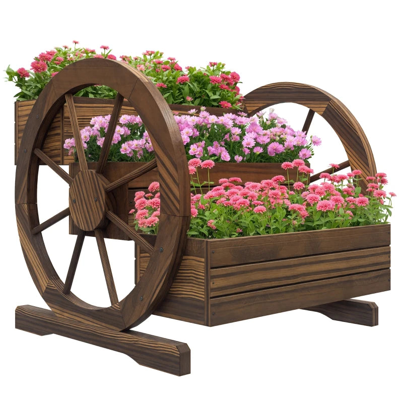 Wooden Wagon Planter Box, 3-Tier Raised Garden Bed, for Vegetables Flowers Herbs, 24" x 24" x 22", Carbonized