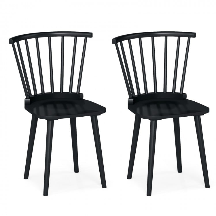 Windsor Dining Chairs Set of 2 Rubber Wood Kitchen Chairs with Spindle Back-Black