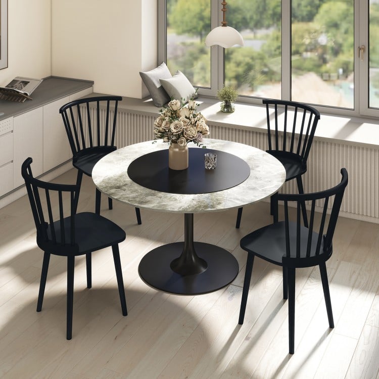 Windsor Dining Chairs Set of 2 Rubber Wood Kitchen Chairs with Spindle Back-Black