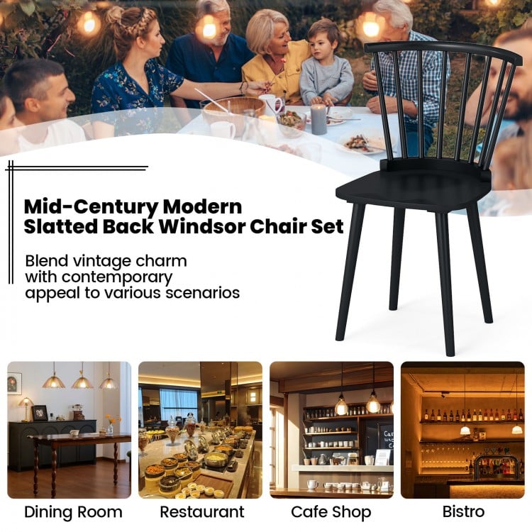 Windsor Dining Chairs Set of 2 Rubber Wood Kitchen Chairs with Spindle Back-Black