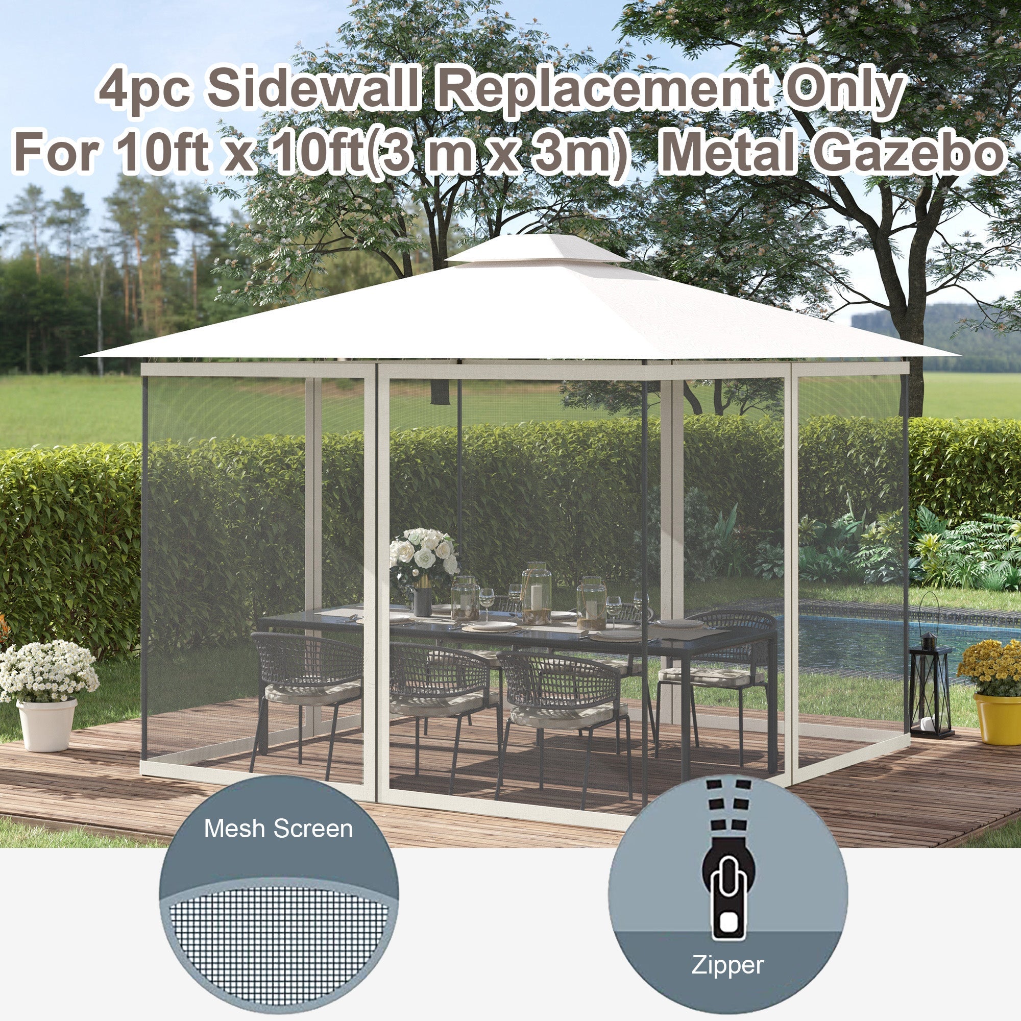 Outsunny Replacement Mosquito Netting for Gazebo 10' x 10' Black Screen Walls for Canopy with Zippers, White 
