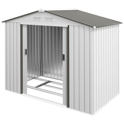 Outsunny 7'x4.3'x6.1' Metal Garden Shed: Outdoor Tool Storage with Foundation, Double Doors in Silver Finish 