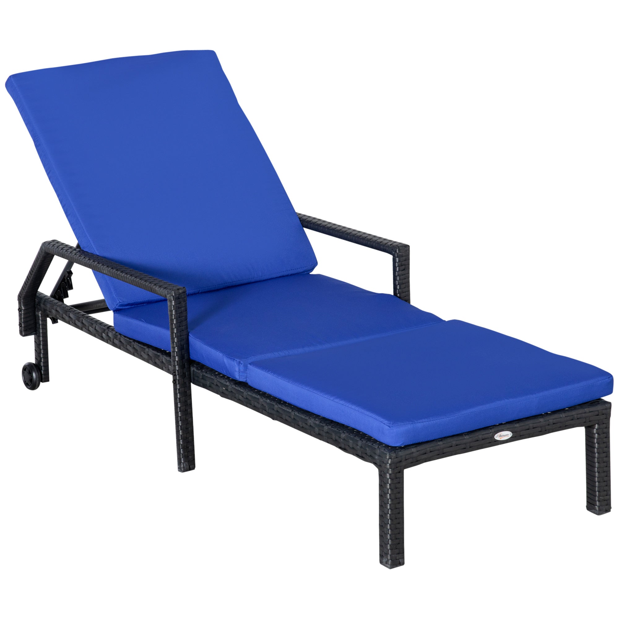 Outsunny Outdoor PE Rattan Wicker Sun Chaise Lounger Recliner Garden Chair with 5-Level Adjustable Backrest and 2 Wheels, Dark Blue 