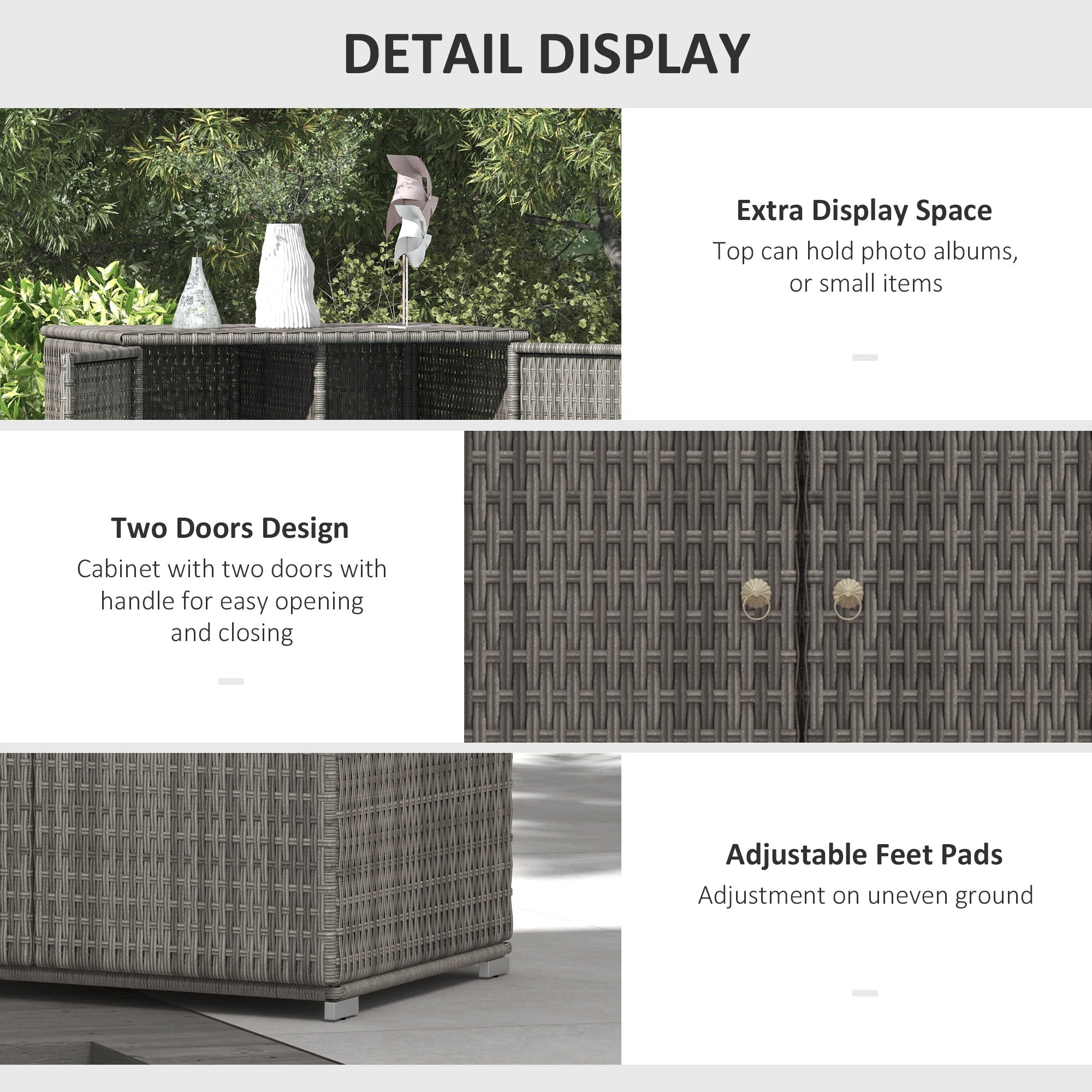 Outsunny Wicker Outdoor Storage Cabinet, 2-Door Rattan Pool Towel Storage Cabinet with Drawer & Removable Shelf, Dark Grey 