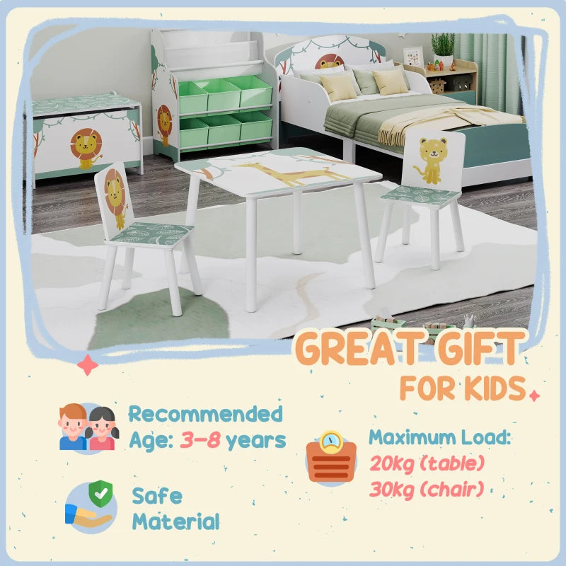 Qaba 3-Piece Kids Table and Chair Set with Animal Pattern for Boys and Girls Aged 3-8, Bedroom, Nursery, Playroom, Green