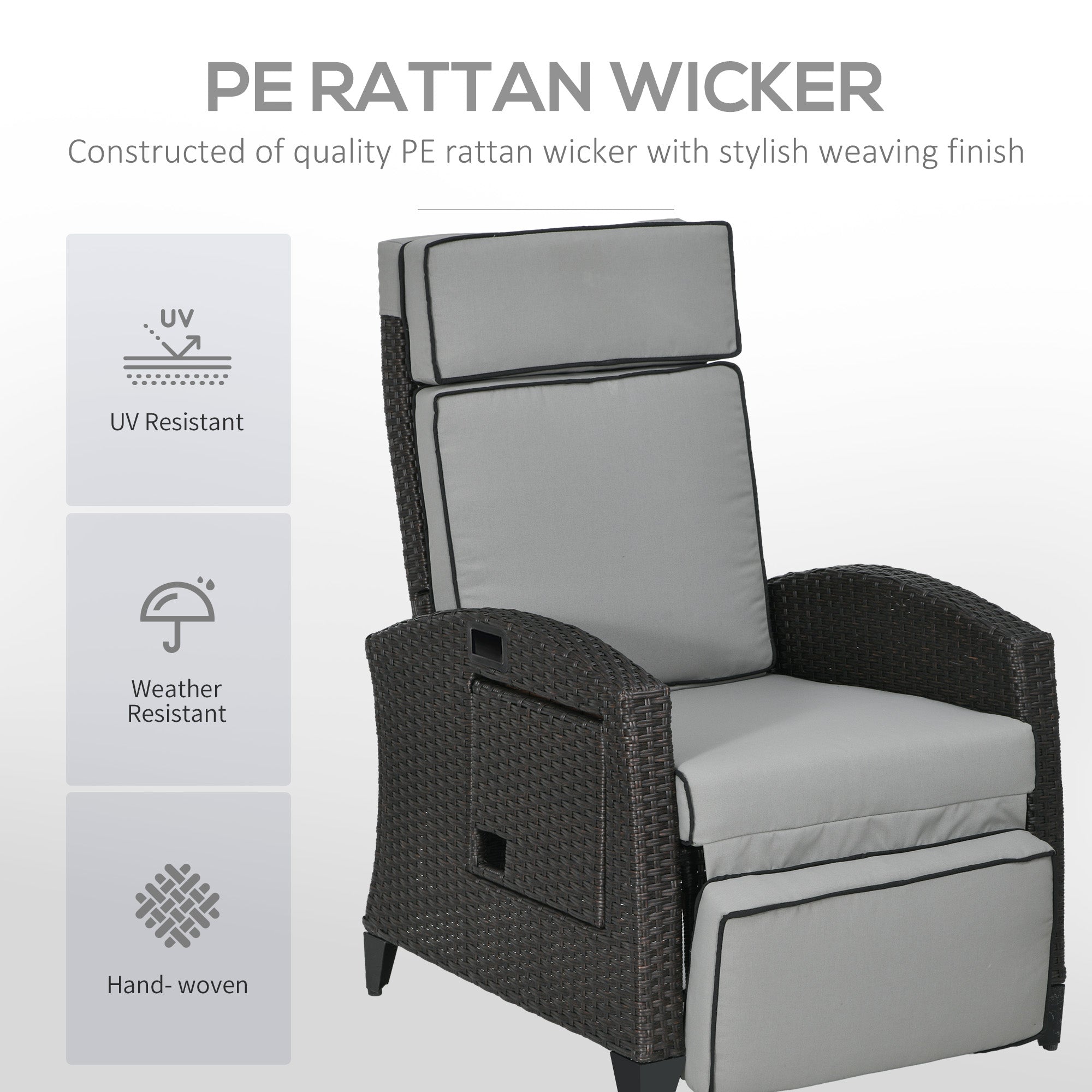 Outsunny Recliner Outdoor Chair Adjustable Backrest Side Tray Light Grey Patio Lounger Furniture 