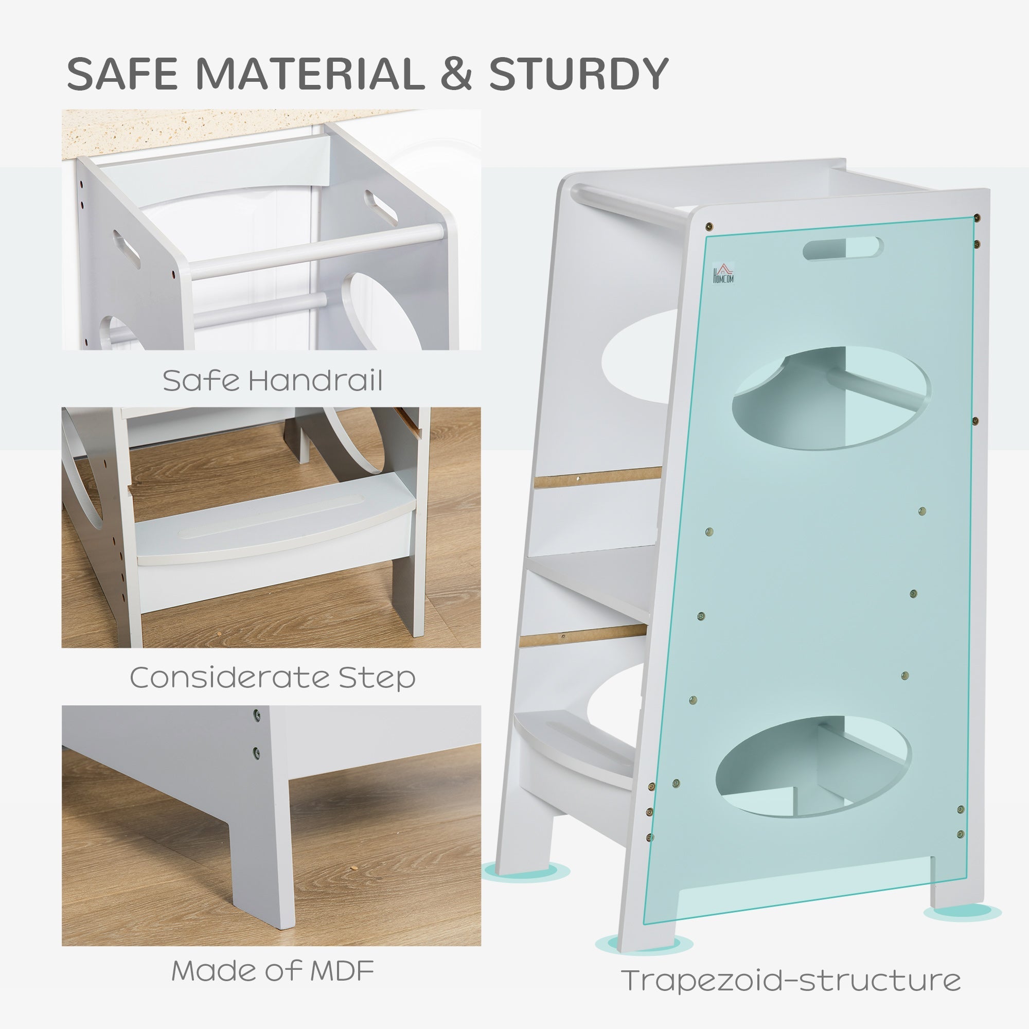 HOMCOM Adjustable Toddler Kitchen Step Stool with Safety Rail in Grey - Perfect for Little Helpers 