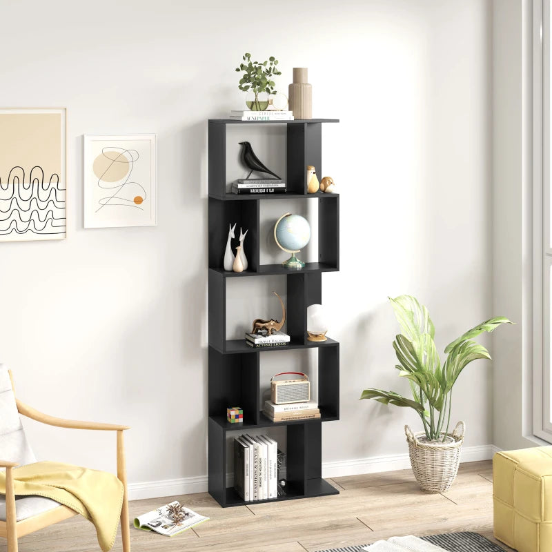 5-Tier Geometric Bookshelf, S Shaped Bookcase, Modern Freestanding Display Shelf Unit for Home Office, Black