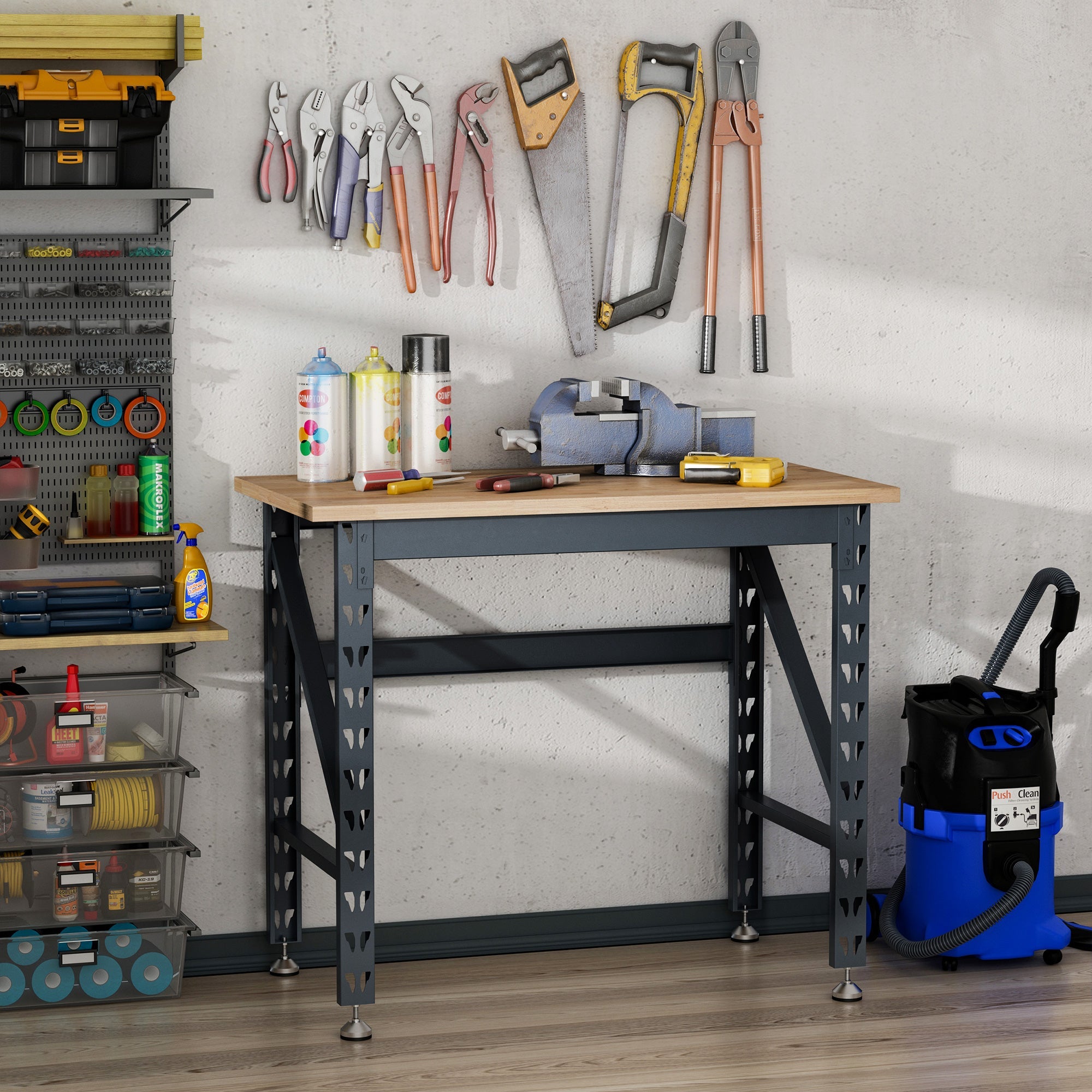 HOMCOM Solid Craftsmanship: 45" Solid Wood Workbench, Adjustable Foot Pads, 1100 Lbs Capacity for Robust Workshop Performance 