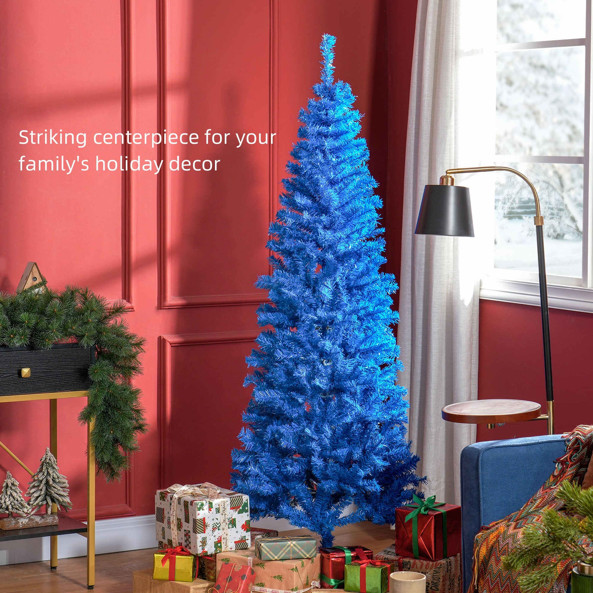 HOMCOM 6FT Pencil Christmas Tree, Artificial Christmas Tree with Automatic Open for Home Party, Blue 