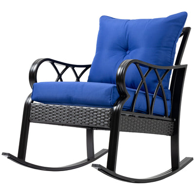 Outsunny Aluminum Wicker Rocking Chair Outdoor with Padded Cushions Garden Patio Backyard Blue 