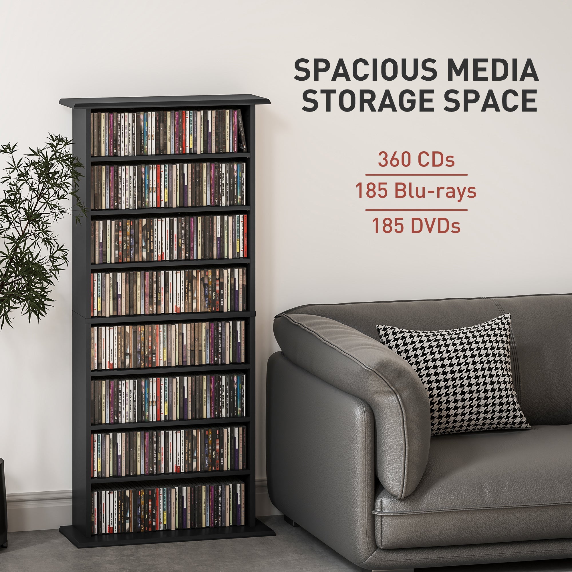 HOMCOM 8-Tier DVD Shelf with 6 Adjustable Shelves, Double CD Shelf, Holds 360 CDs, 185 DVDs or 185 Blu-rays, Black 