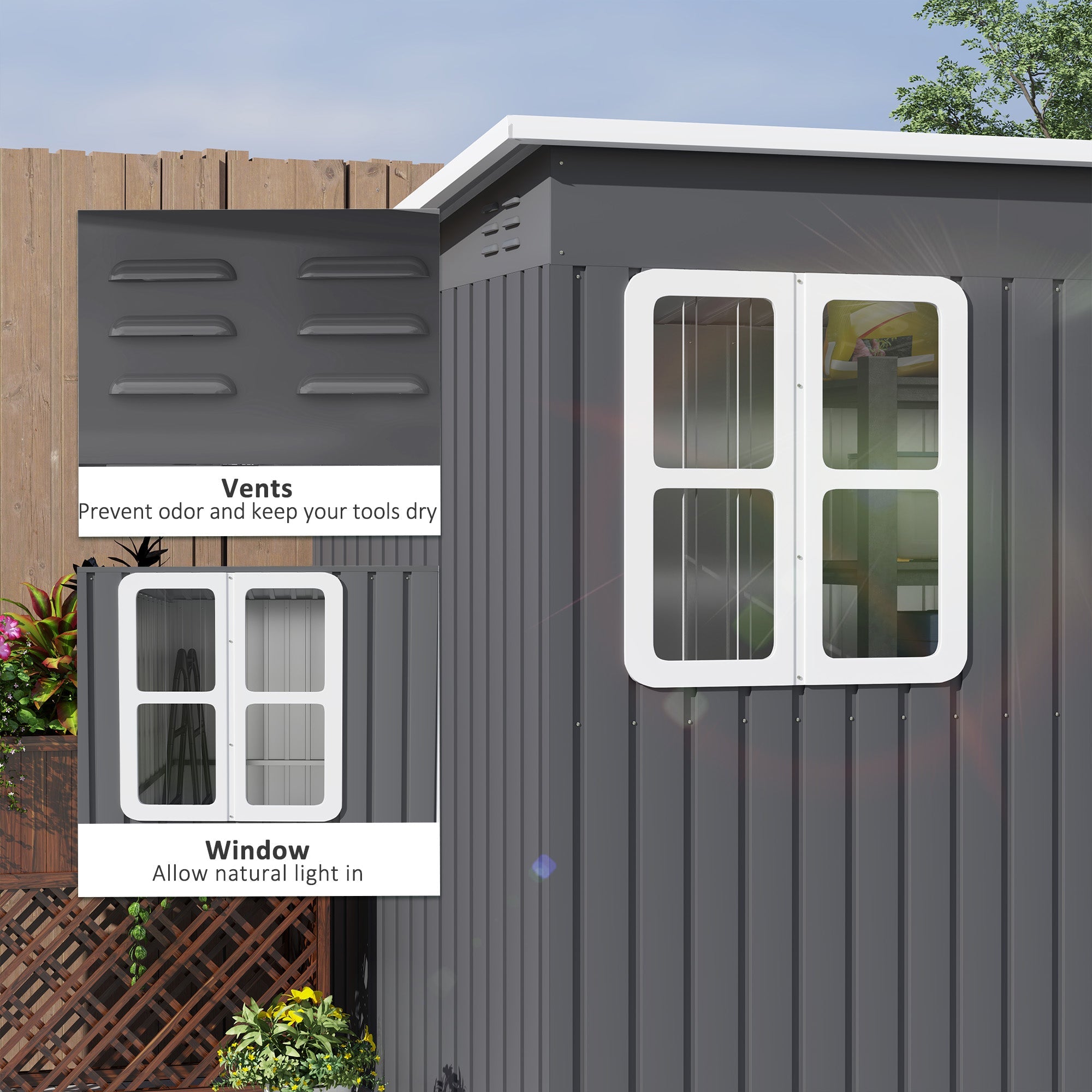 Outsunny 8.5' x 6' Galvanised Steel Outdoor Storage Shed, Garden Shed with Window, Lockable Wide Doors and Air Vents, Dark Grey 