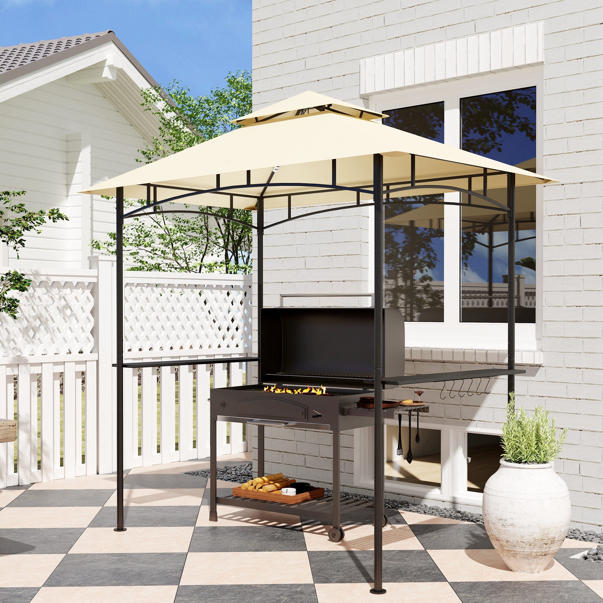 Outsunny 8' x 5' Outdoor Grill Gazebo, Double Tiered Barbecue Grill Gazebo Shelter with 2 Side Shelves, Hooks, Beige 