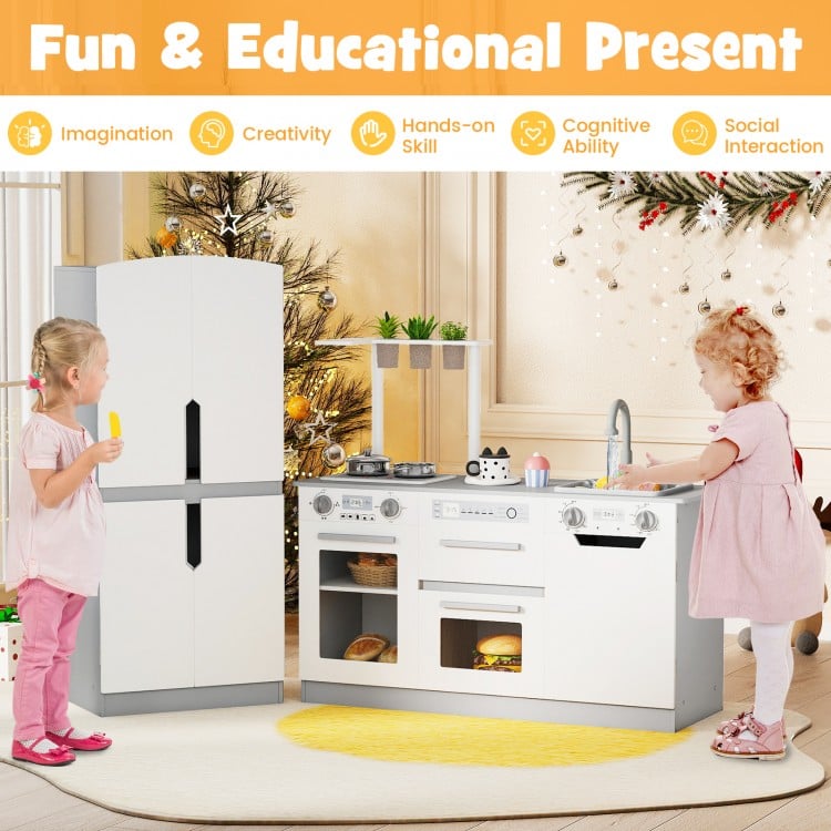 Wooden 2 Piece Kids Kitchen Playset with Fridge and Running Water