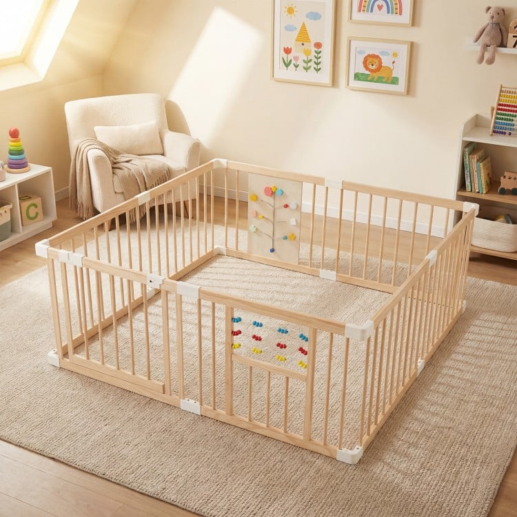 Wooden Baby Playpen Adjustable Large Play Yard for Infants-Natural
