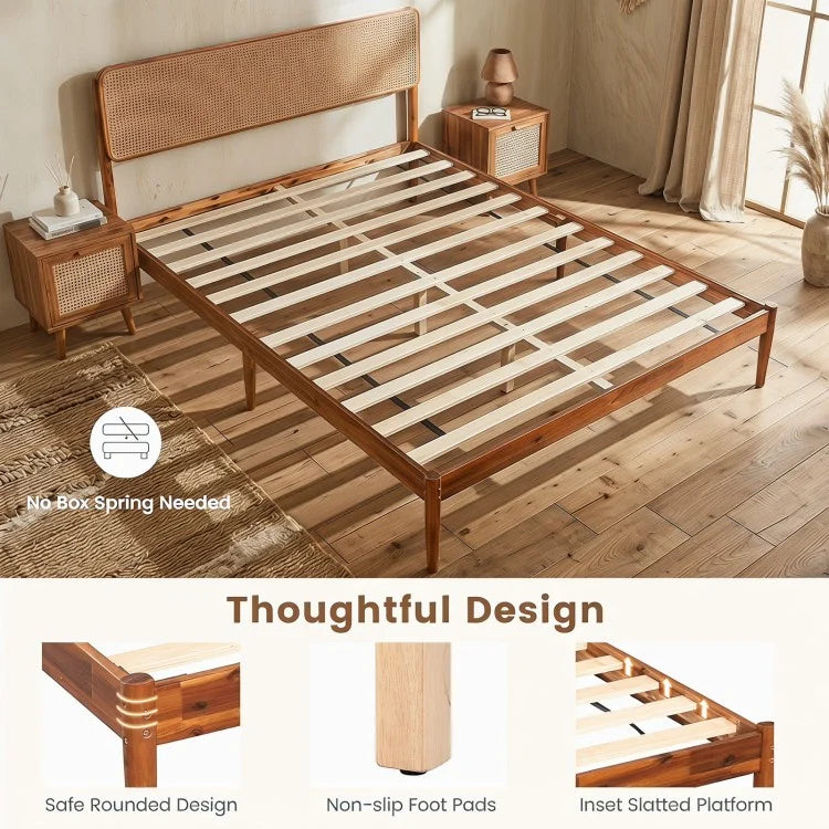 Wooden Boho Rattan Bed Frame with Acacia Wood Construction & Slat Support – Twin, Full & Queen Sizes