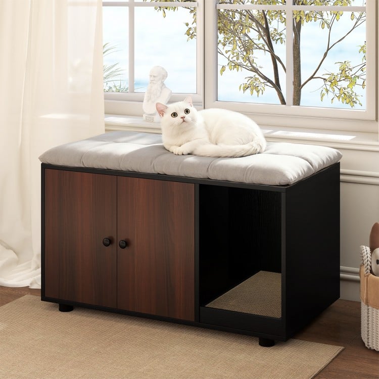 Wooden Cat Litter Box Enclosure Hidden Litter Box Furniture with Scratching Board-Black