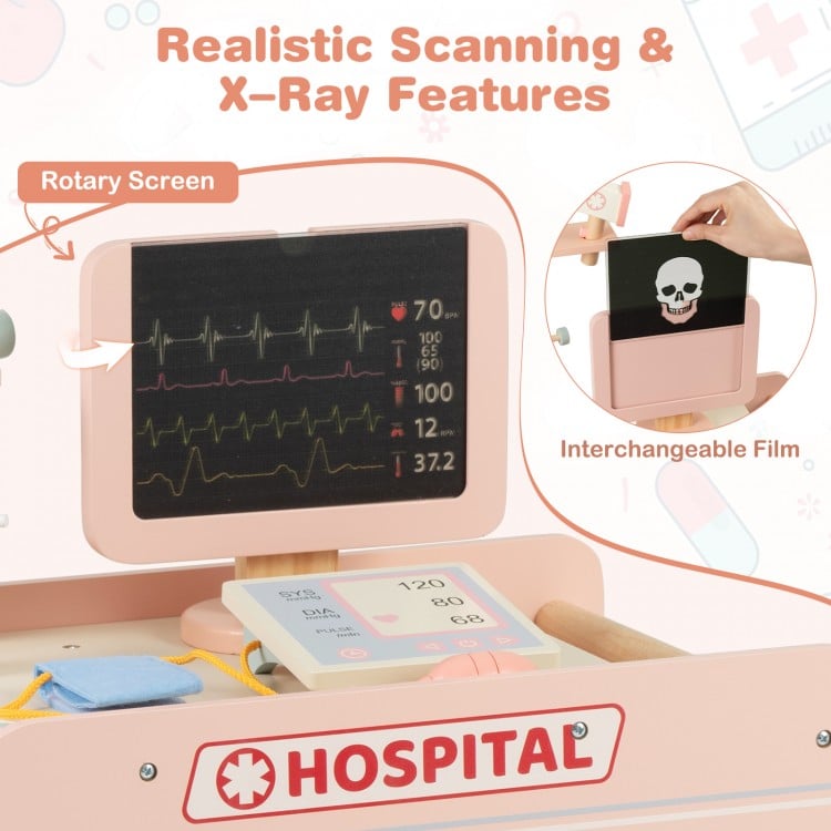 Wooden Doctor Playset for Kids Pretend Play Doctor Kit with Cart Gift for Toddlers Boys Girls Aged 3+-Pink