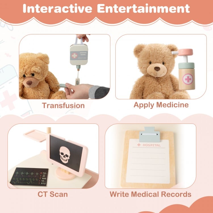 Wooden Doctor Playset for Kids Pretend Play Doctor Kit with Cart Gift for Toddlers Boys Girls Aged 3+-Pink