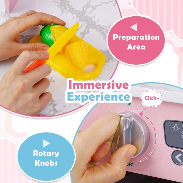 Wooden Kids Play Kitchen Playset with Realistic Lights and Sounds-Pink