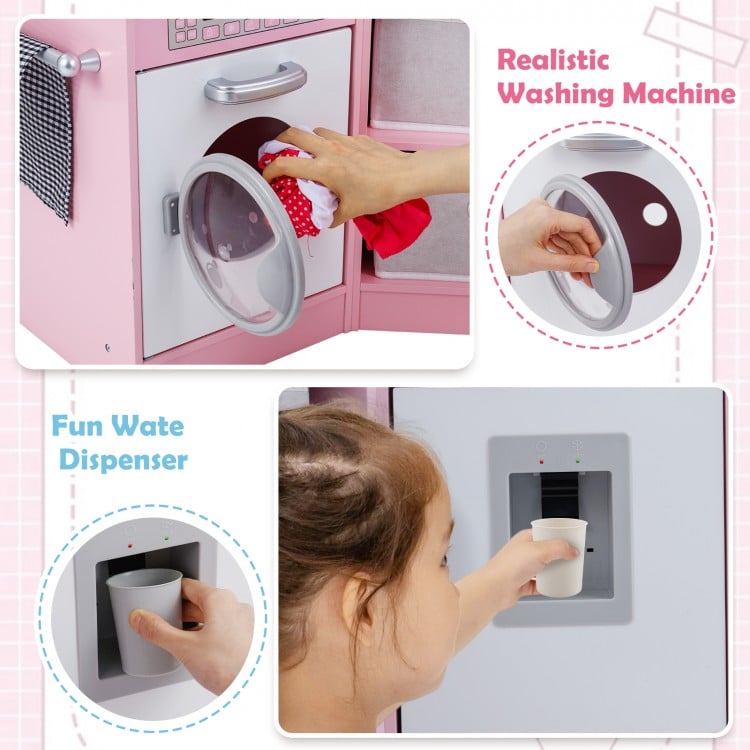 Wooden Kids Play Kitchen Playset with Realistic Lights and Sounds-Pink