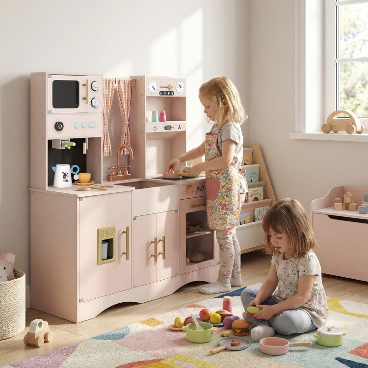 Wooden Kids Pretend Play Toy Kitchen with Microwave & Coffee Maker