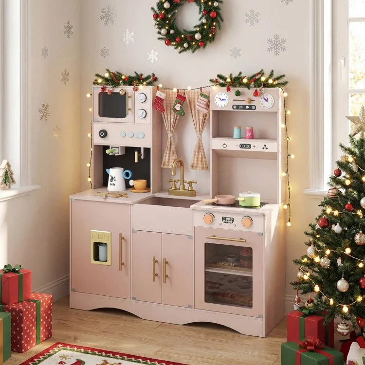 Wooden Kids Pretend Play Toy Kitchen with Microwave & Coffee Maker