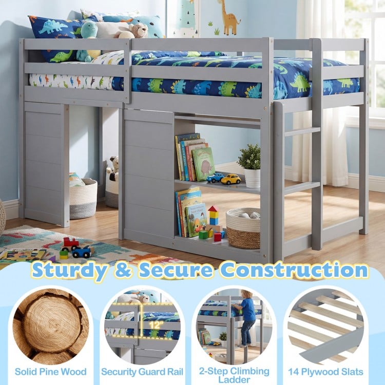Wooden Low Kids Loft Bed with  LED Lights and 2 Doors-Gray