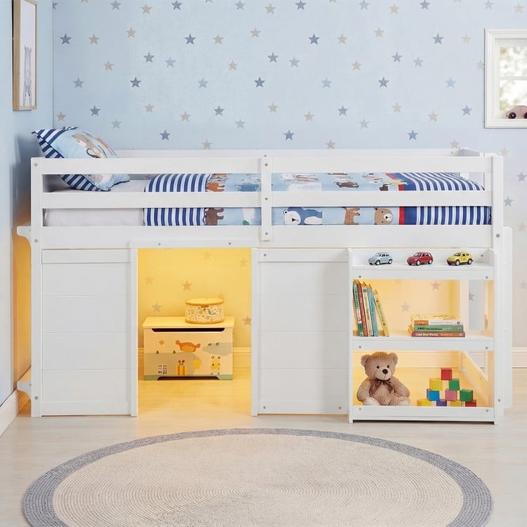 Wooden Low Kids Loft Bed with  LED Lights and 2 Doors-White