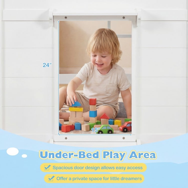 Wooden Low Kids Loft Bed with  LED Lights and 2 Doors-White