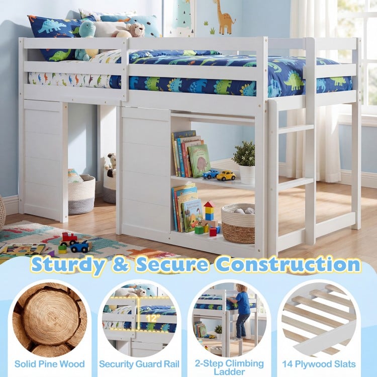 Wooden Low Kids Loft Bed with  LED Lights and 2 Doors-White