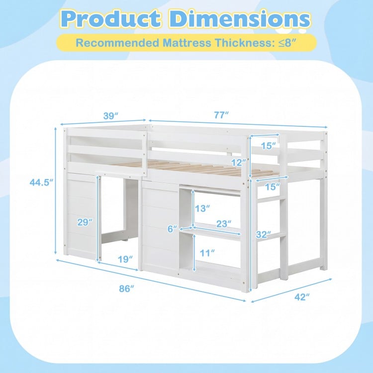 Wooden Low Kids Loft Bed with  LED Lights and 2 Doors-White
