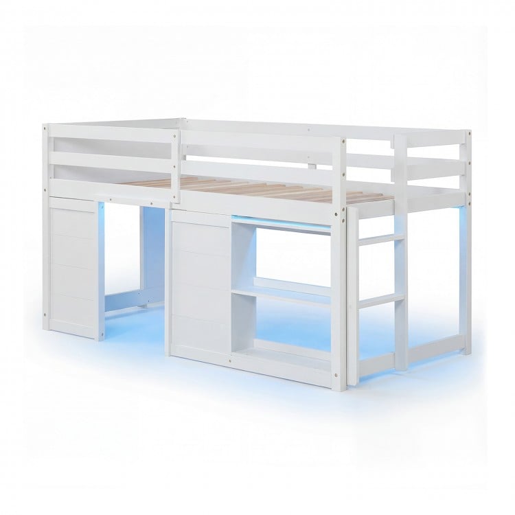 Wooden Low Kids Loft Bed with  LED Lights and 2 Doors-White