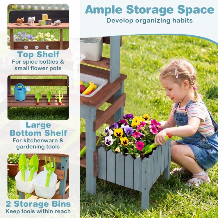 Wooden Mud Kitchen Set with Running Water Faucet Tank