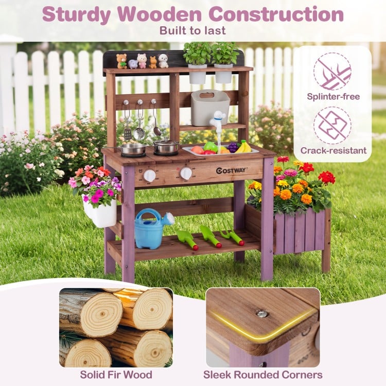 Wooden Mud Kitchen Set with Running Water Faucet Tank