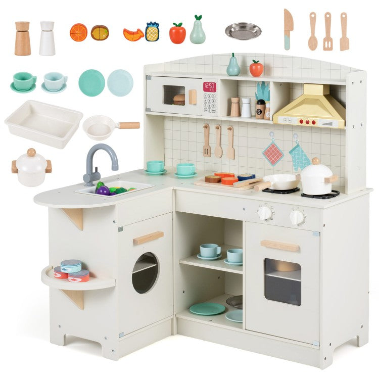 Wooden Kids Play Kitchen with Lights & Sounds, Stove, Microwave & Sink – White | Ages 3+