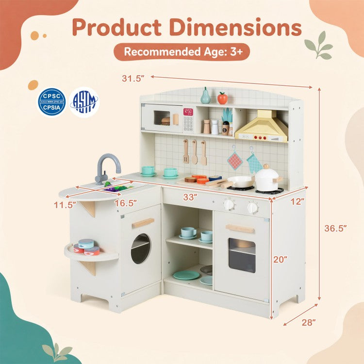 Wooden Kids Play Kitchen with Lights & Sounds, Stove, Microwave & Sink – White | Ages 3+