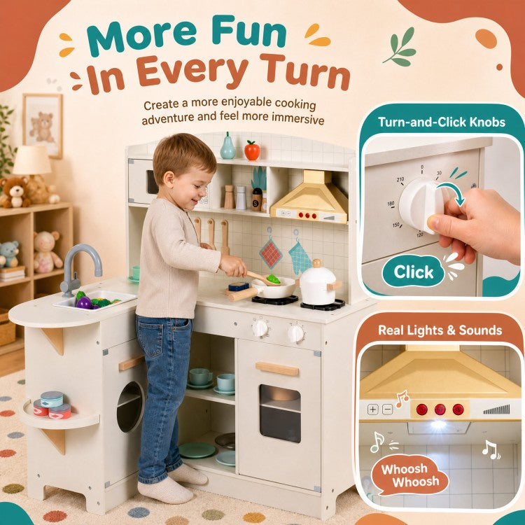 Wooden Kids Play Kitchen with Lights & Sounds, Stove, Microwave & Sink – White | Ages 3+